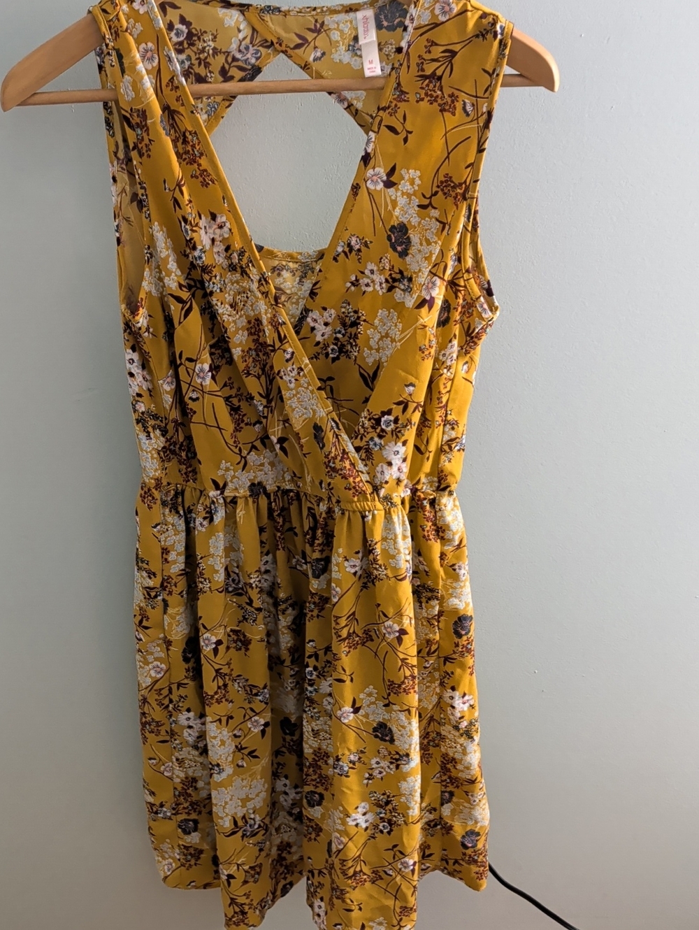 Xhilaration Mustard Floral Sleeveless Wrap-Style Mini Dress